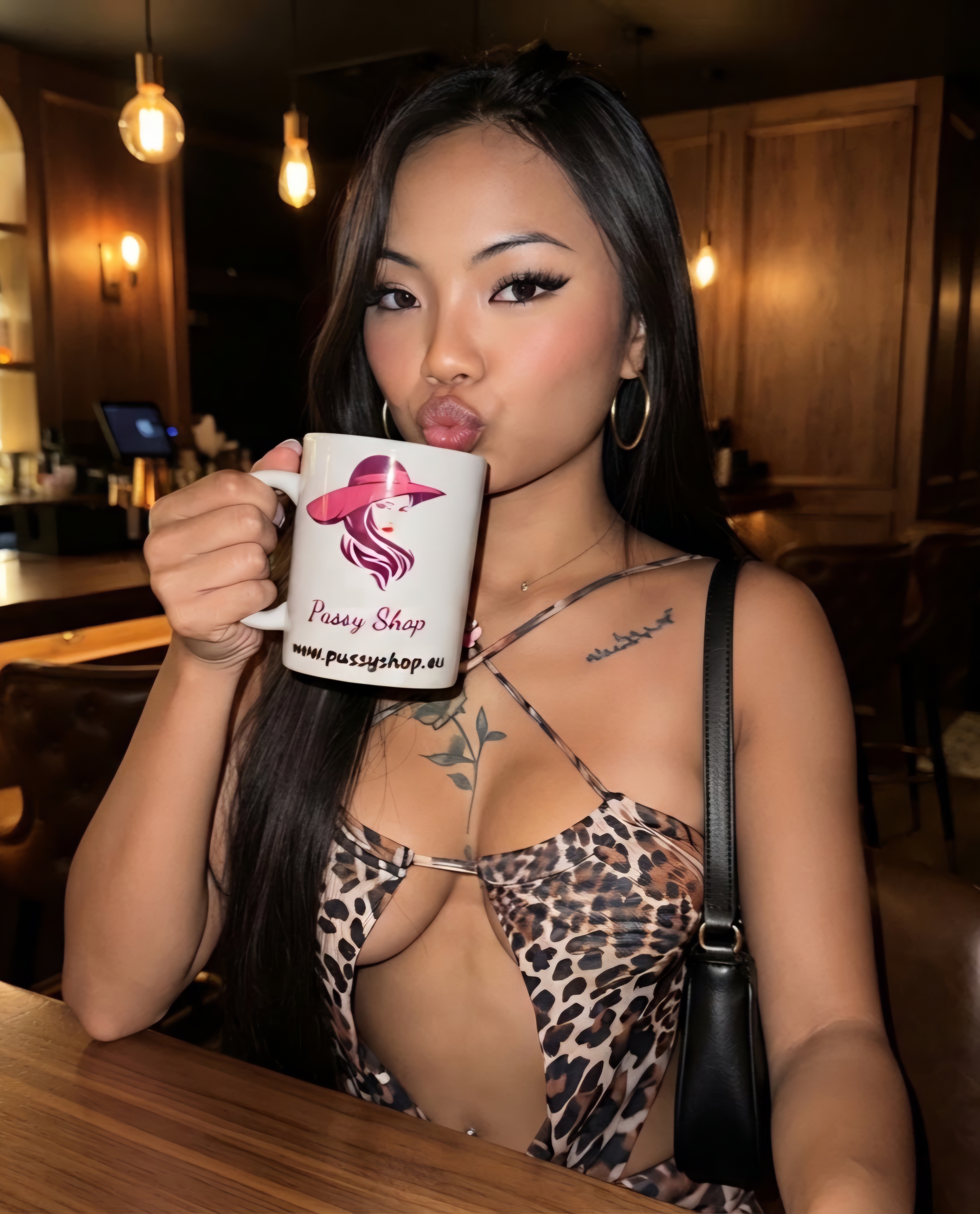 WEISSE PUSSY SHOP TASSE mit HERZHENKEL